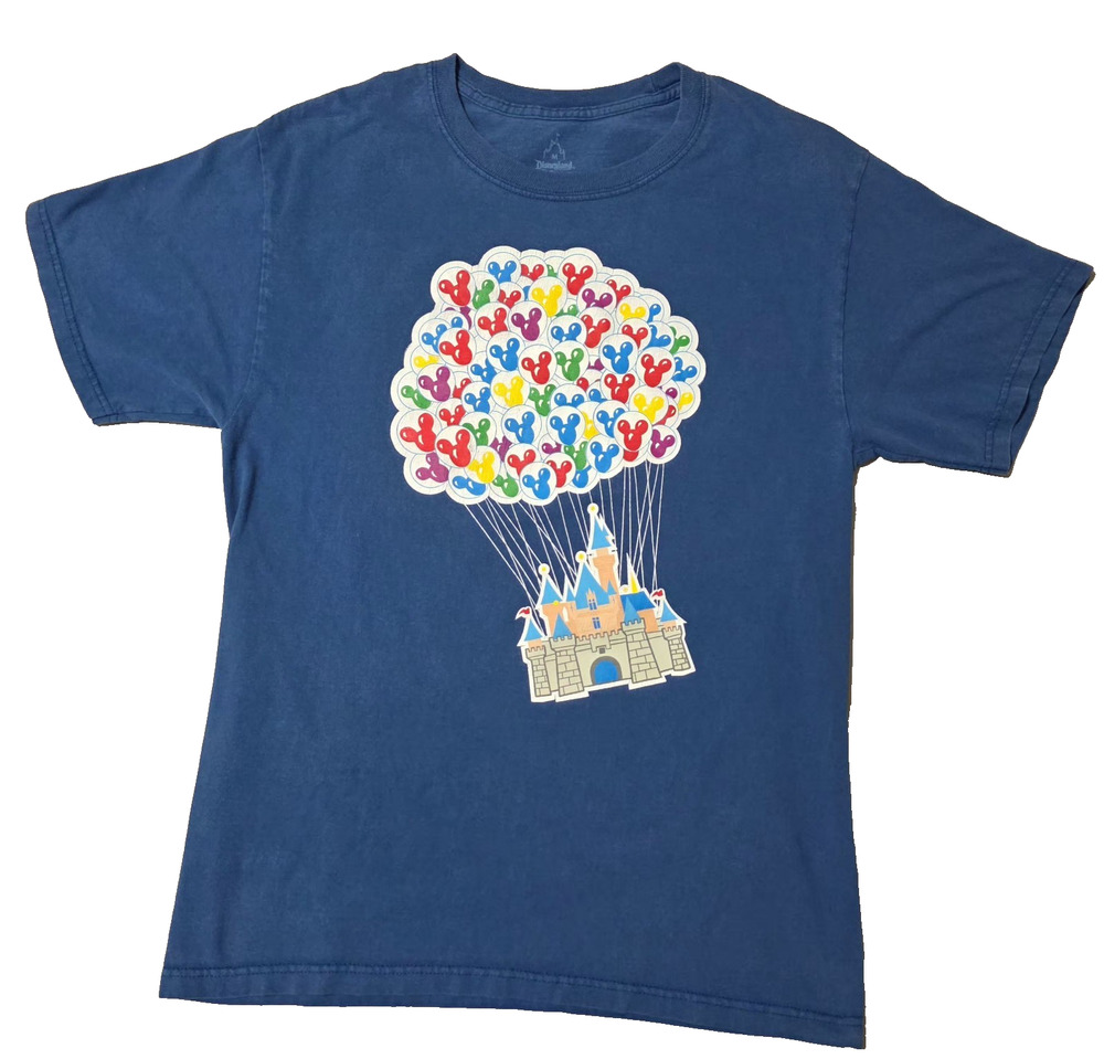 Disney Parks T-Shirt Medium Blue Castle Mickey Mouse Balloons Up Parody Hanes